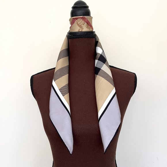 NWT Burberry Scarf Classic Beige Check Pattern Gray Border Silk Wrap - Picture 14 of 15